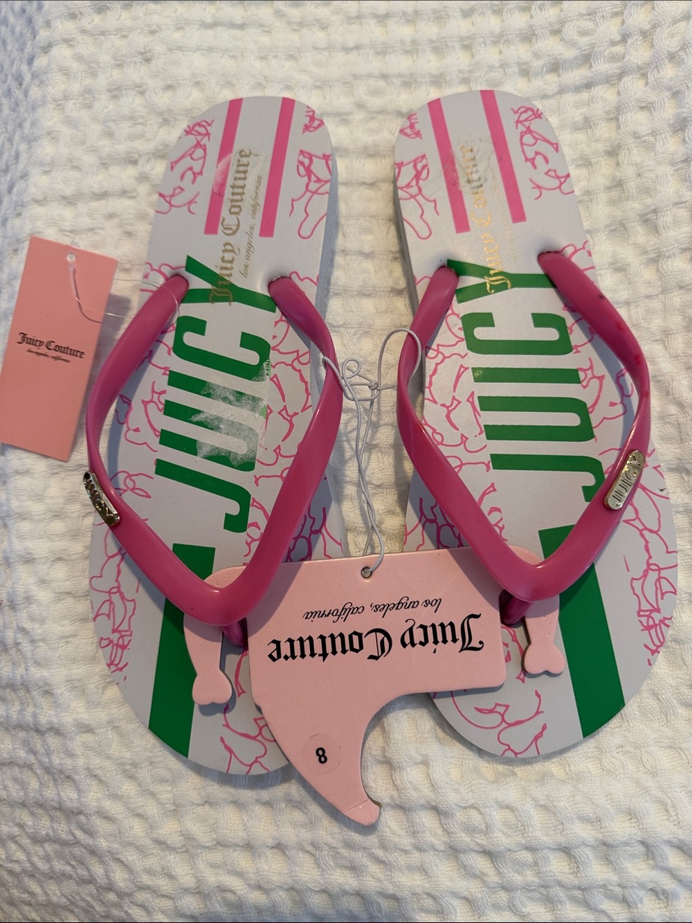 Juicy Couture Pink Strap Flip Flops with Green Logo NWT size 8